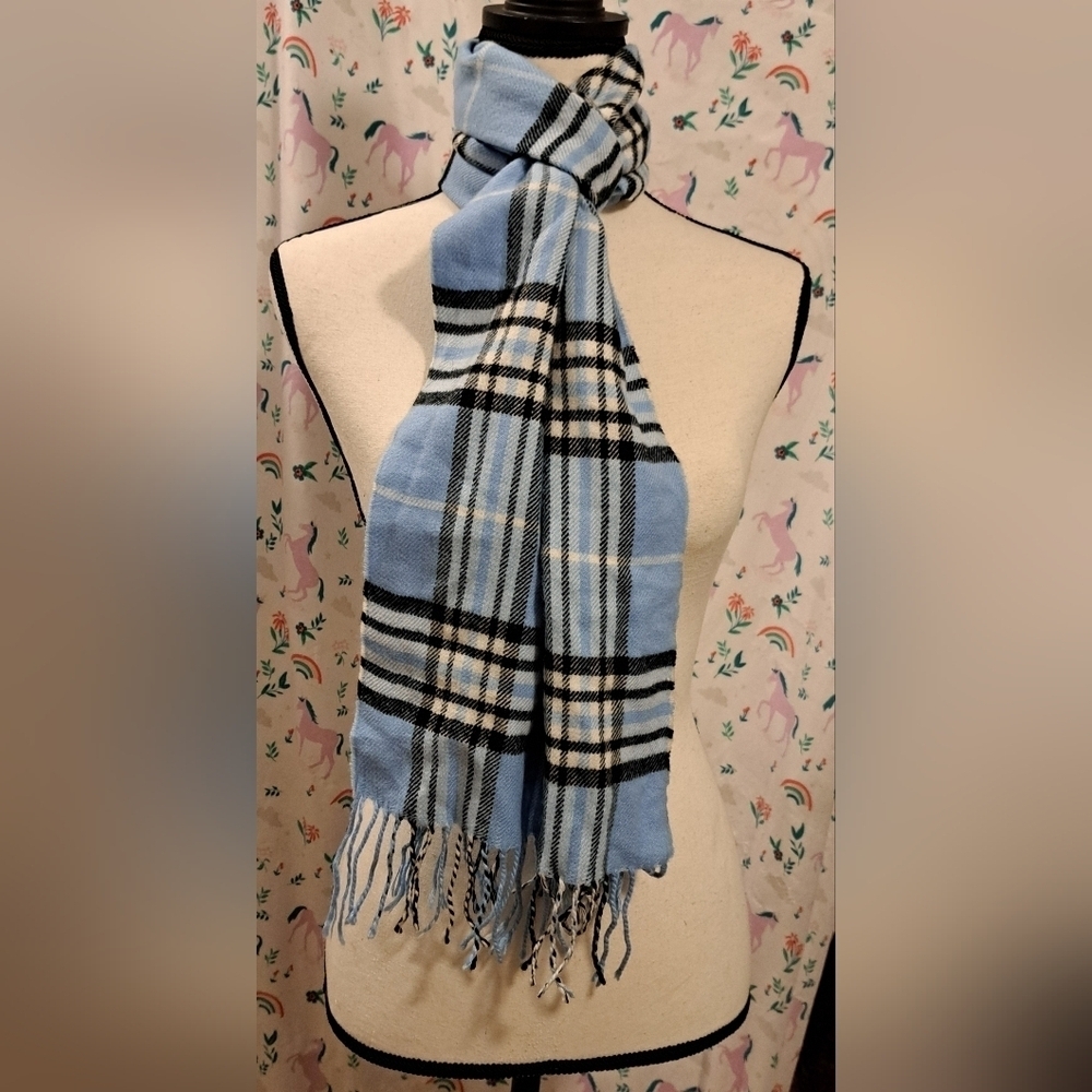 Vintage Baby Blue Plaid Cashmere Casual Winter Unisex Scarf Wrap w/ Fringe